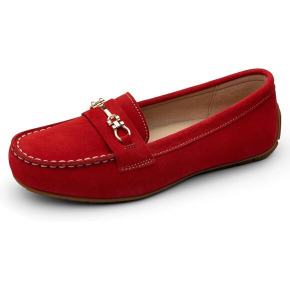 Kordal Women's Red Leather Gold Accent Buckle Slip-Ons Comfortable Loafers - Picture 2 of 9